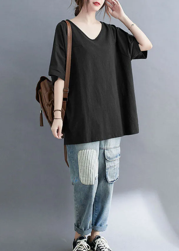 Casual Black V Neck Patchwork Cotton T Shirt Tops Summer LY5363