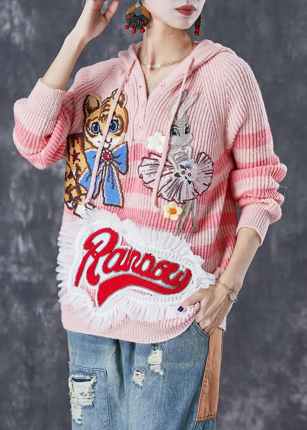 Casual Pink Animal Embroideried Patchwork Knit Pullover Tops Fall ML3055