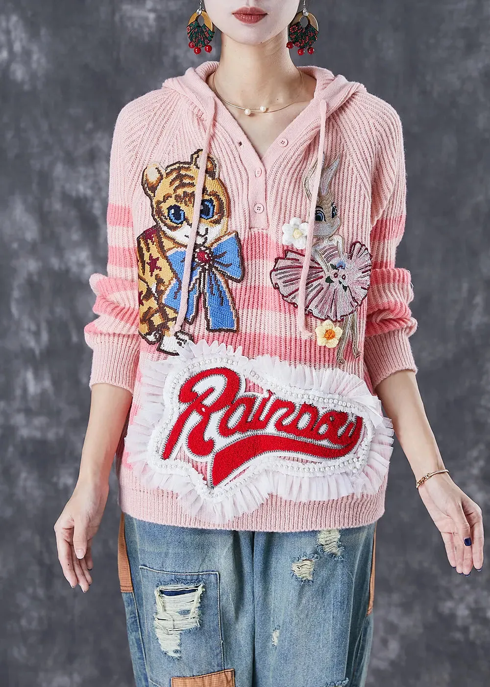 Casual Pink Animal Embroideried Patchwork Knit Pullover Tops Fall ML3055