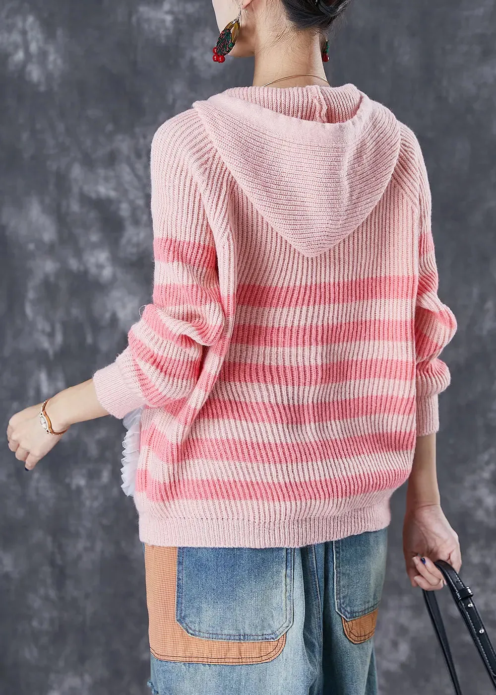 Casual Pink Animal Embroideried Patchwork Knit Pullover Tops Fall ML3055