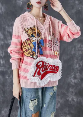 Casual Pink Animal Embroideried Patchwork Knit Pullover Tops Fall ML3055