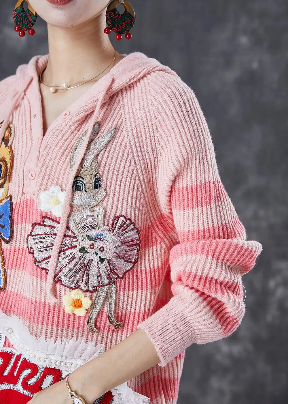 Casual Pink Animal Embroideried Patchwork Knit Pullover Tops Fall ML3055