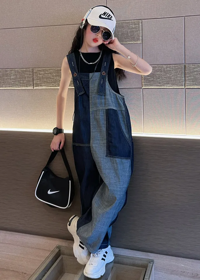 Chic Navy Pockets High Waist Girls Denim Overalls Jumpsuit Fall LY9989