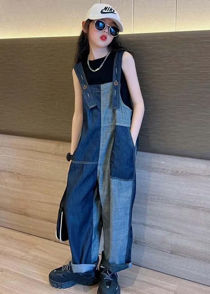 Chic Navy Pockets High Waist Girls Denim Overalls Jumpsuit Fall LY9989