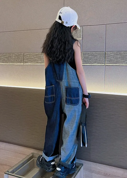 Chic Navy Pockets High Waist Girls Denim Overalls Jumpsuit Fall LY9989