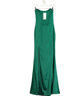 Club L Bottle Green Satin Strapless Corset Thigh Split Fishtail Maxi Dress UK 6
