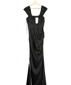 CLUBL Black Bardot Fishtail Satin Maxi Dress UK 10