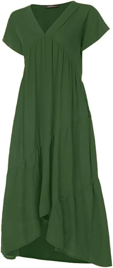 Cotton Dress for Women Summer Flowy Maxi Dress Casual Short Sleeve V Neck Boho Dress Tunic Layered Dress S-5XL