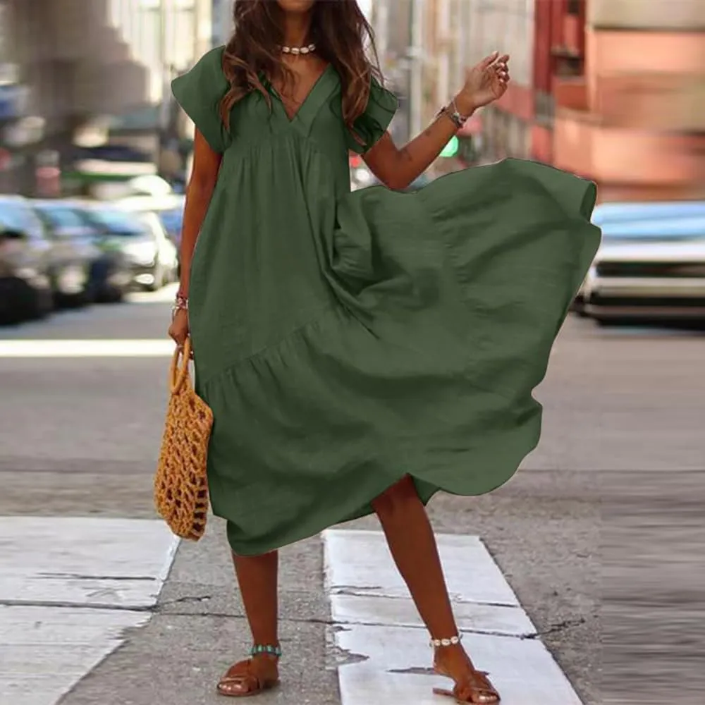 Cotton Dress for Women Summer Flowy Maxi Dress Casual Short Sleeve V Neck Boho Dress Tunic Layered Dress S-5XL