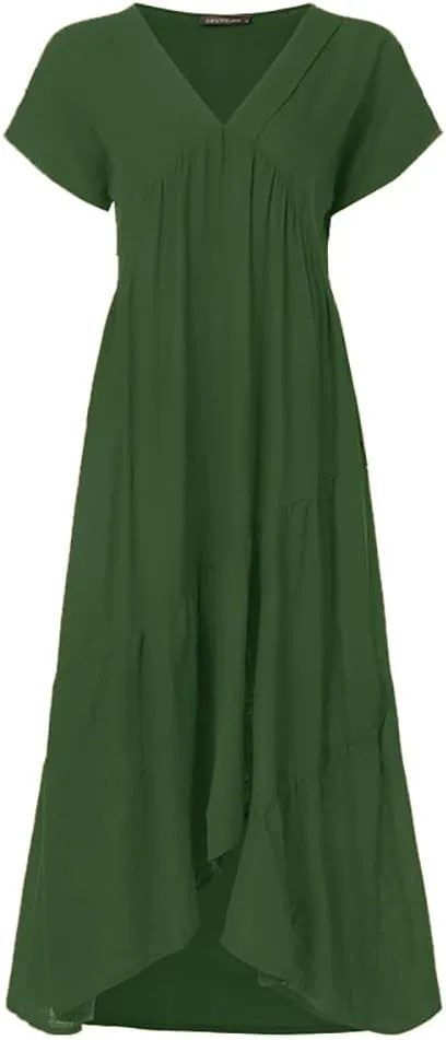 Cotton Dress for Women Summer Flowy Maxi Dress Casual Short Sleeve V Neck Boho Dress Tunic Layered Dress S-5XL