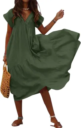 Cotton Dress for Women Summer Flowy Maxi Dress Casual Short Sleeve V Neck Boho Dress Tunic Layered Dress S-5XL