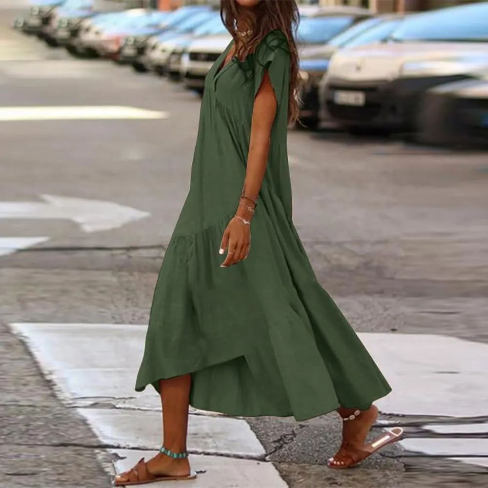 Cotton Dress for Women Summer Flowy Maxi Dress Casual Short Sleeve V Neck Boho Dress Tunic Layered Dress S-5XL