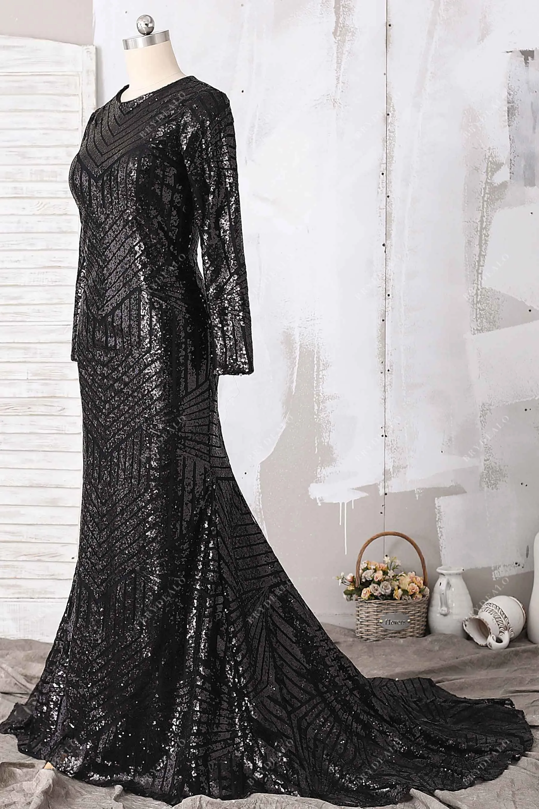 Demure Black Sequin Long Sleeve Mermaid Prom Gown