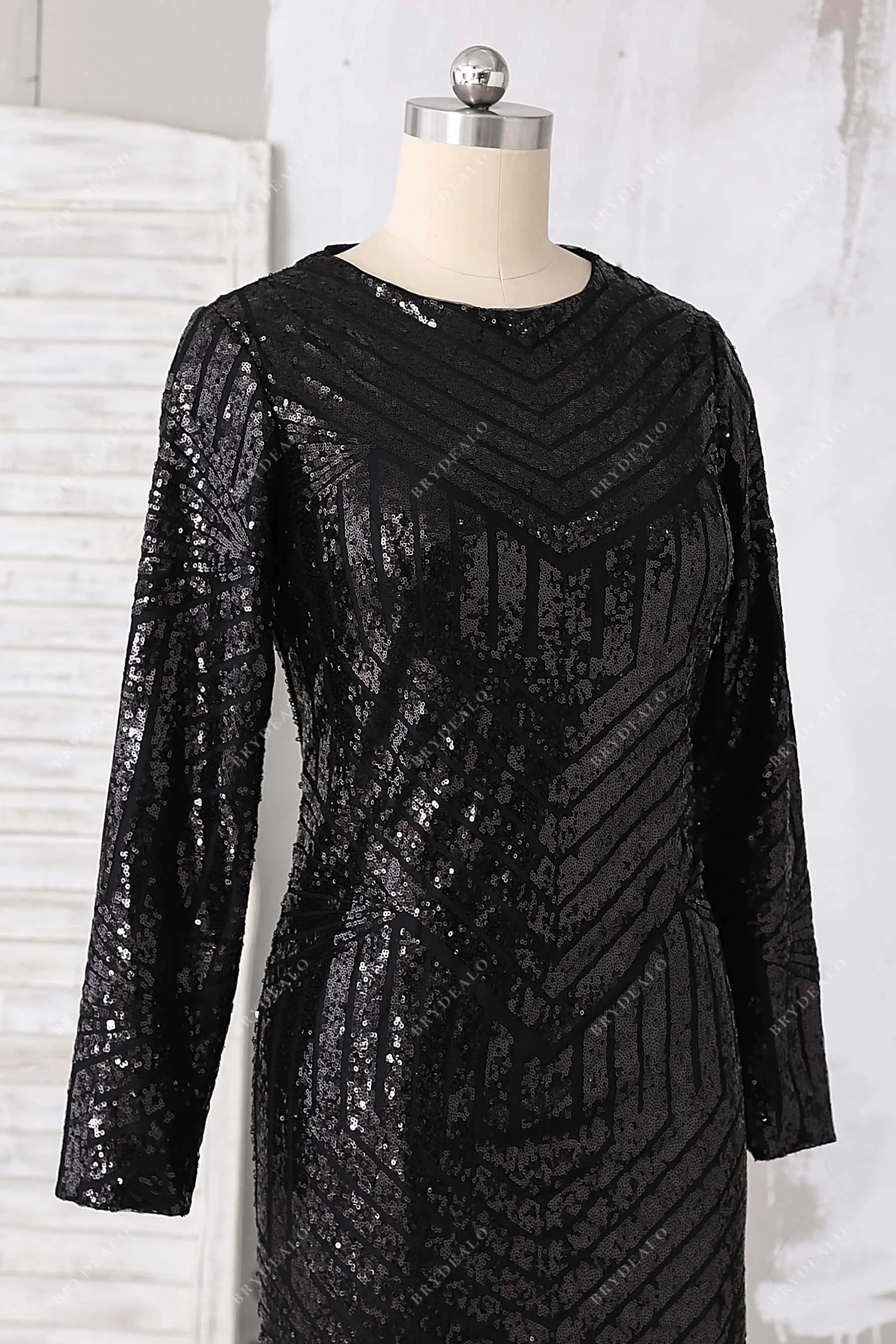 Demure Black Sequin Long Sleeve Mermaid Prom Gown