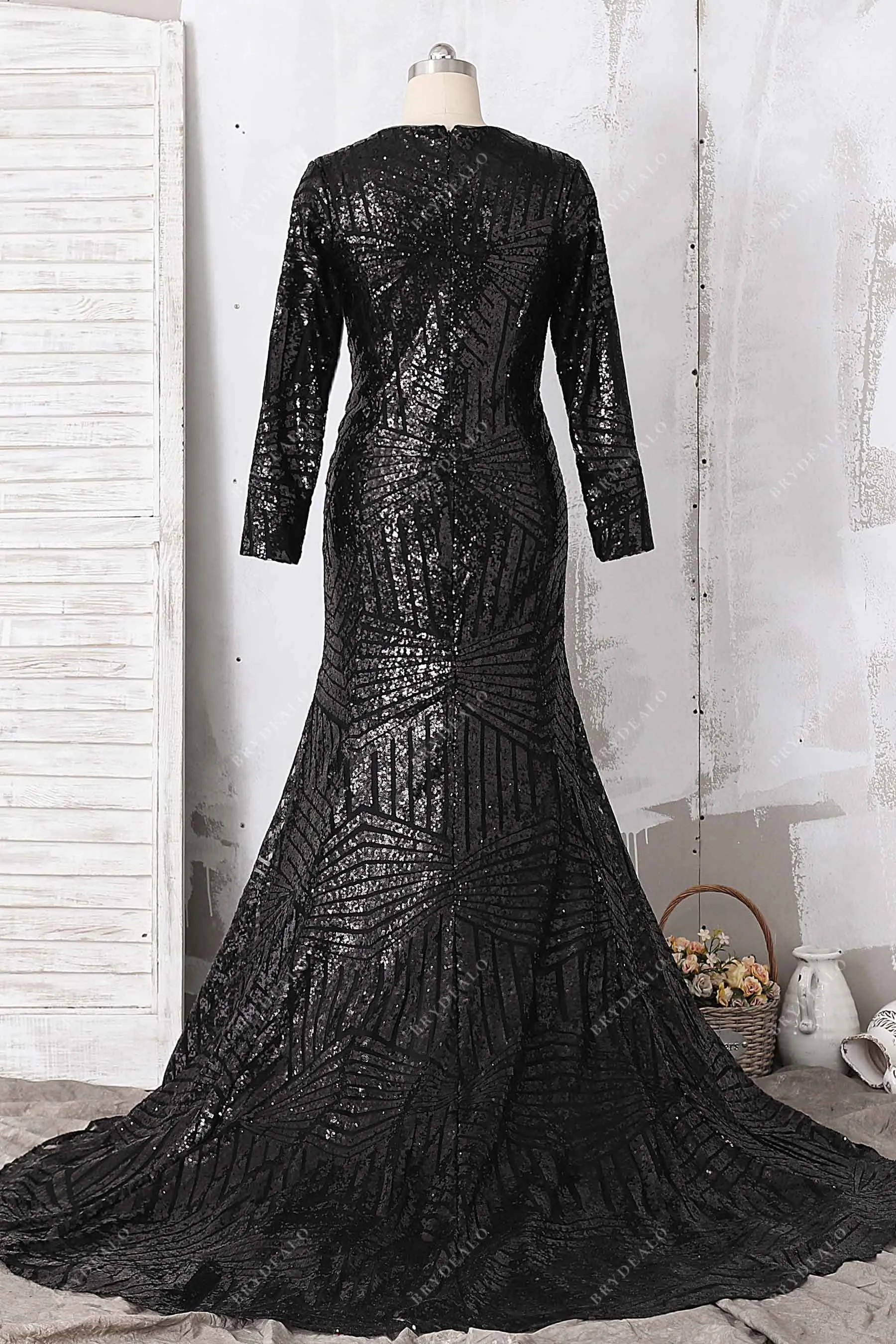 Demure Black Sequin Long Sleeve Mermaid Prom Gown