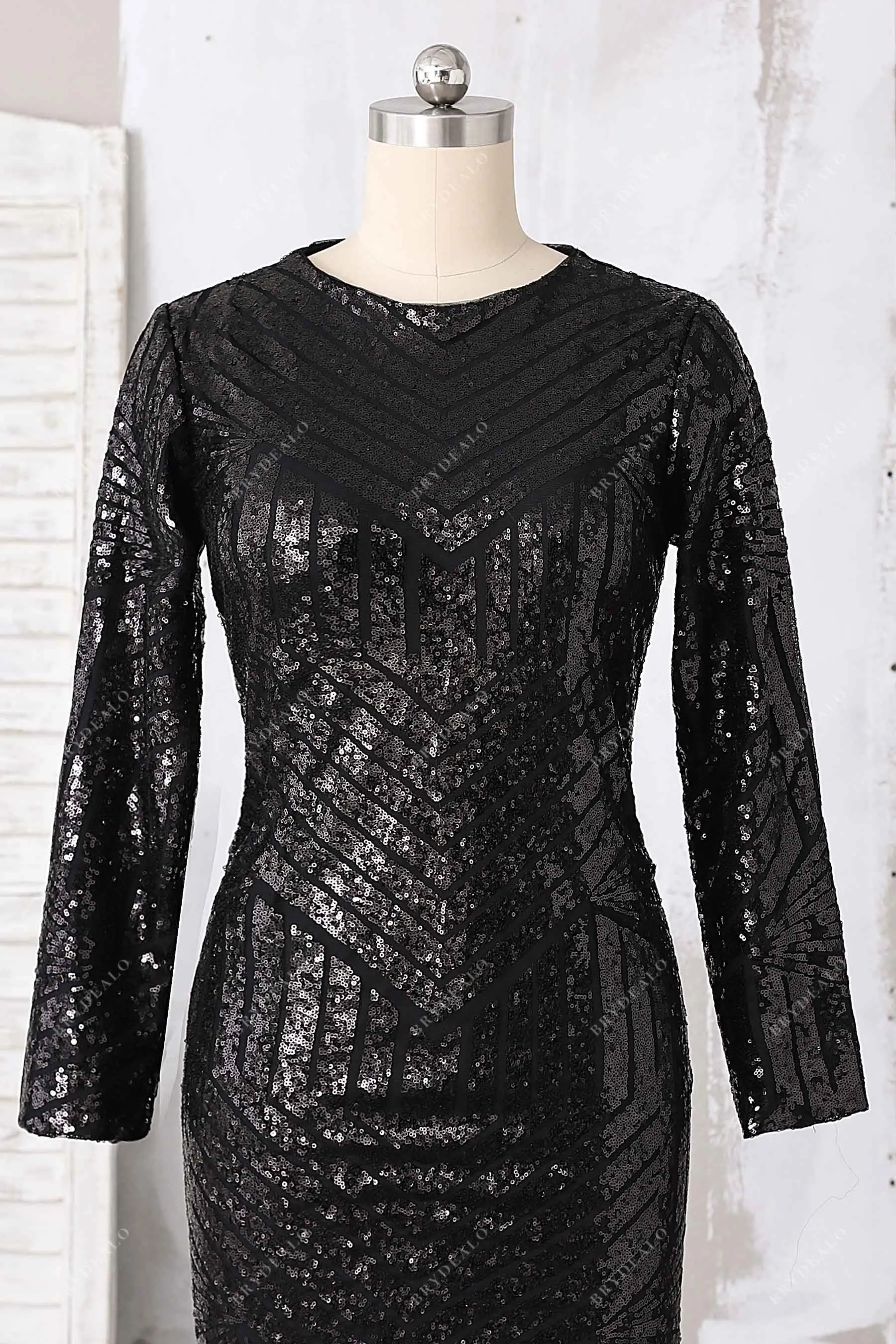 Demure Black Sequin Long Sleeve Mermaid Prom Gown
