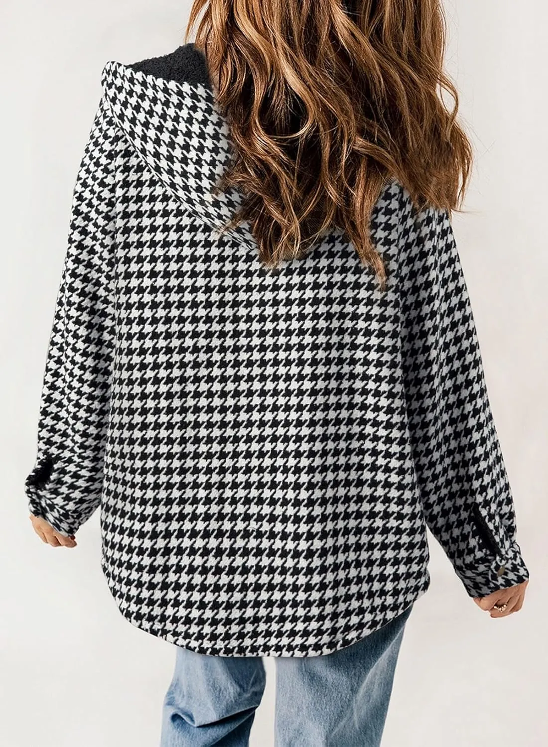 Dokotoo Womens Plaid Shacket Jacket Long Sleeve Button Down Fleece Hooded Jackets Warm Coat