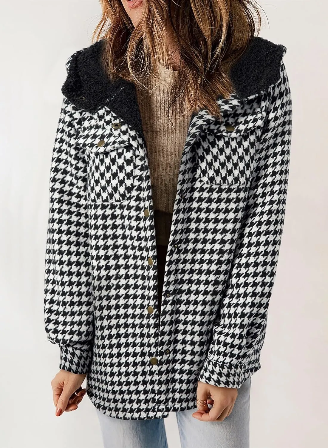 Dokotoo Womens Plaid Shacket Jacket Long Sleeve Button Down Fleece Hooded Jackets Warm Coat