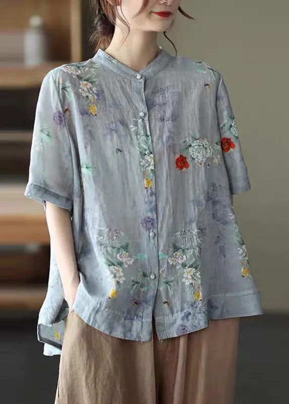Elegant Blue Stand Collar Print Tops Half Sleeve