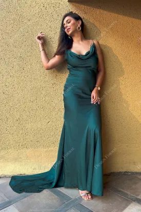 Emerald Jersey Thin Straps Designer Cowl Neck Mermaid Prom Dress