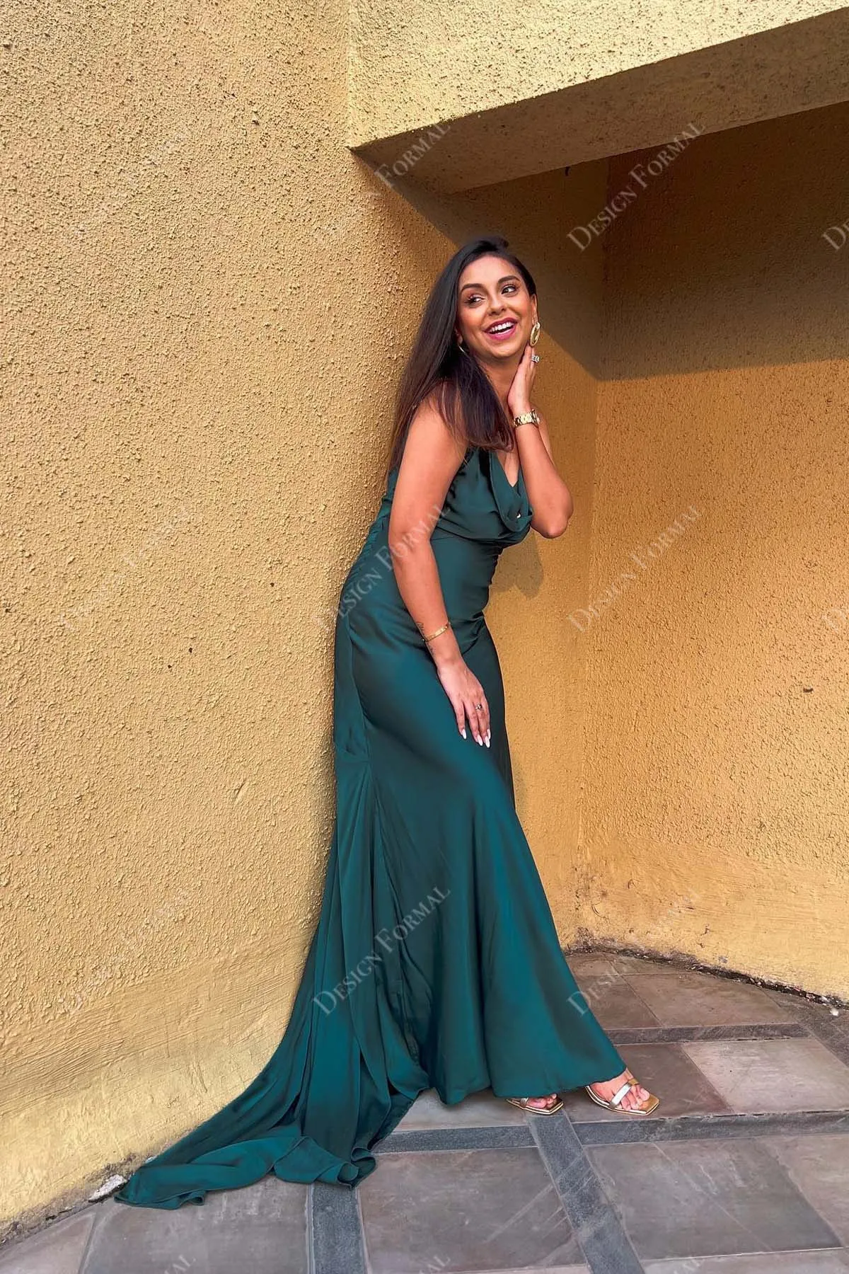 Emerald Jersey Thin Straps Designer Cowl Neck Mermaid Prom Dress
