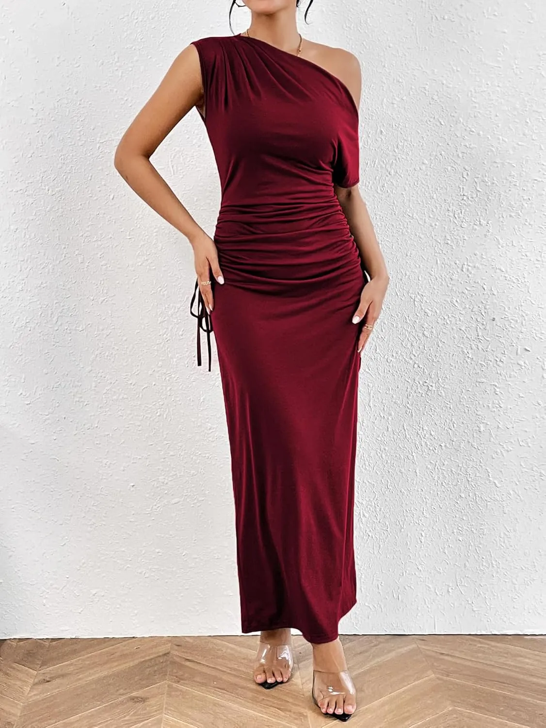 Floerns Women's Asymmetrical Neck Short Sleeve Ruched Fishtail Hem Party Long Dress