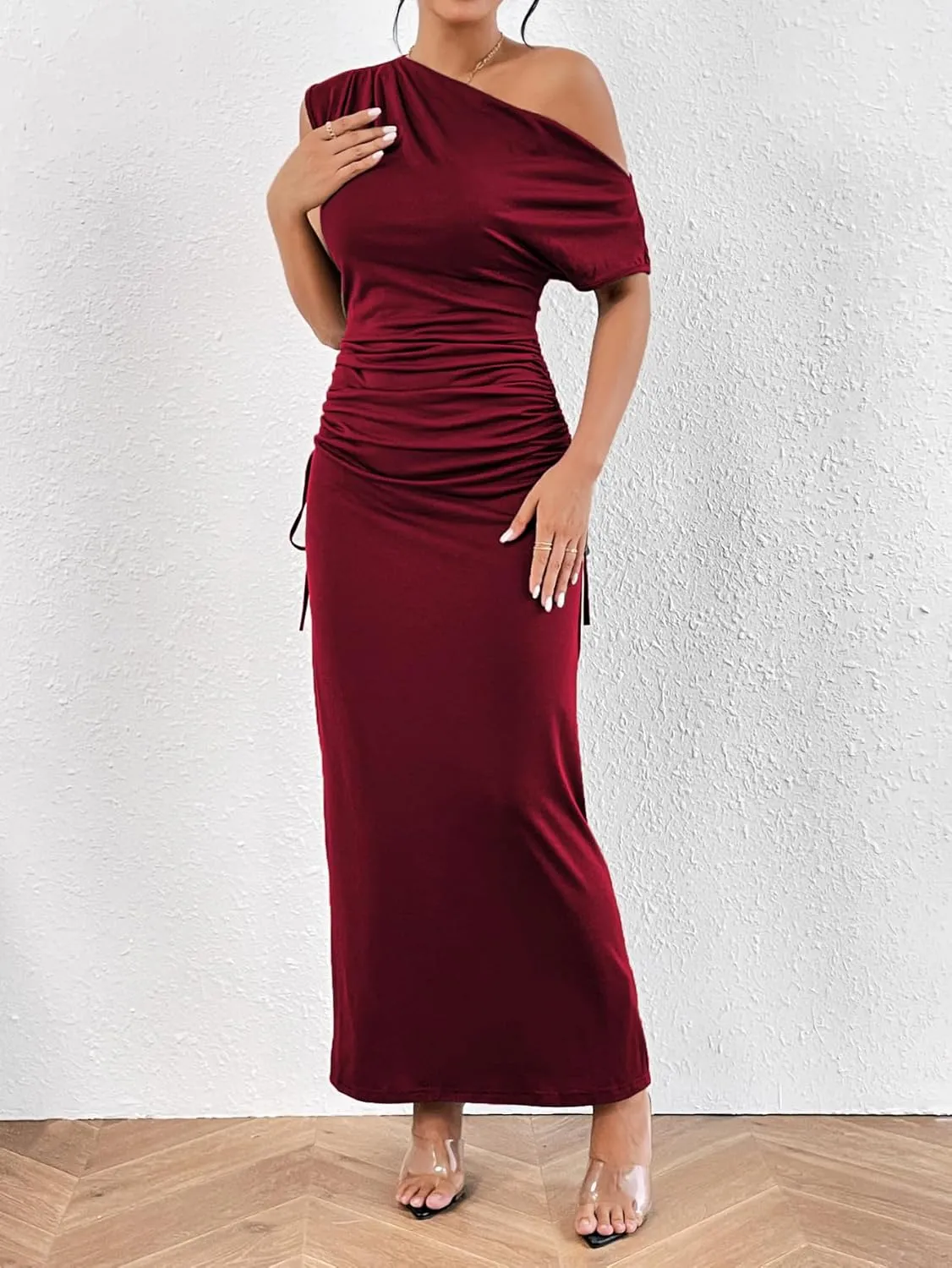 Floerns Women's Asymmetrical Neck Short Sleeve Ruched Fishtail Hem Party Long Dress