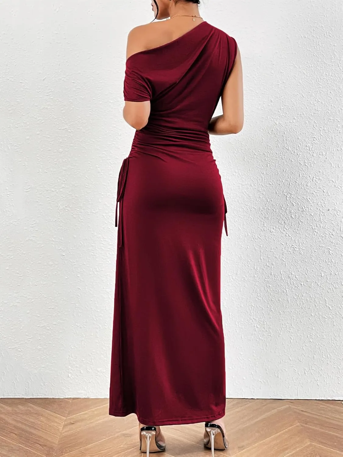 Floerns Women's Asymmetrical Neck Short Sleeve Ruched Fishtail Hem Party Long Dress