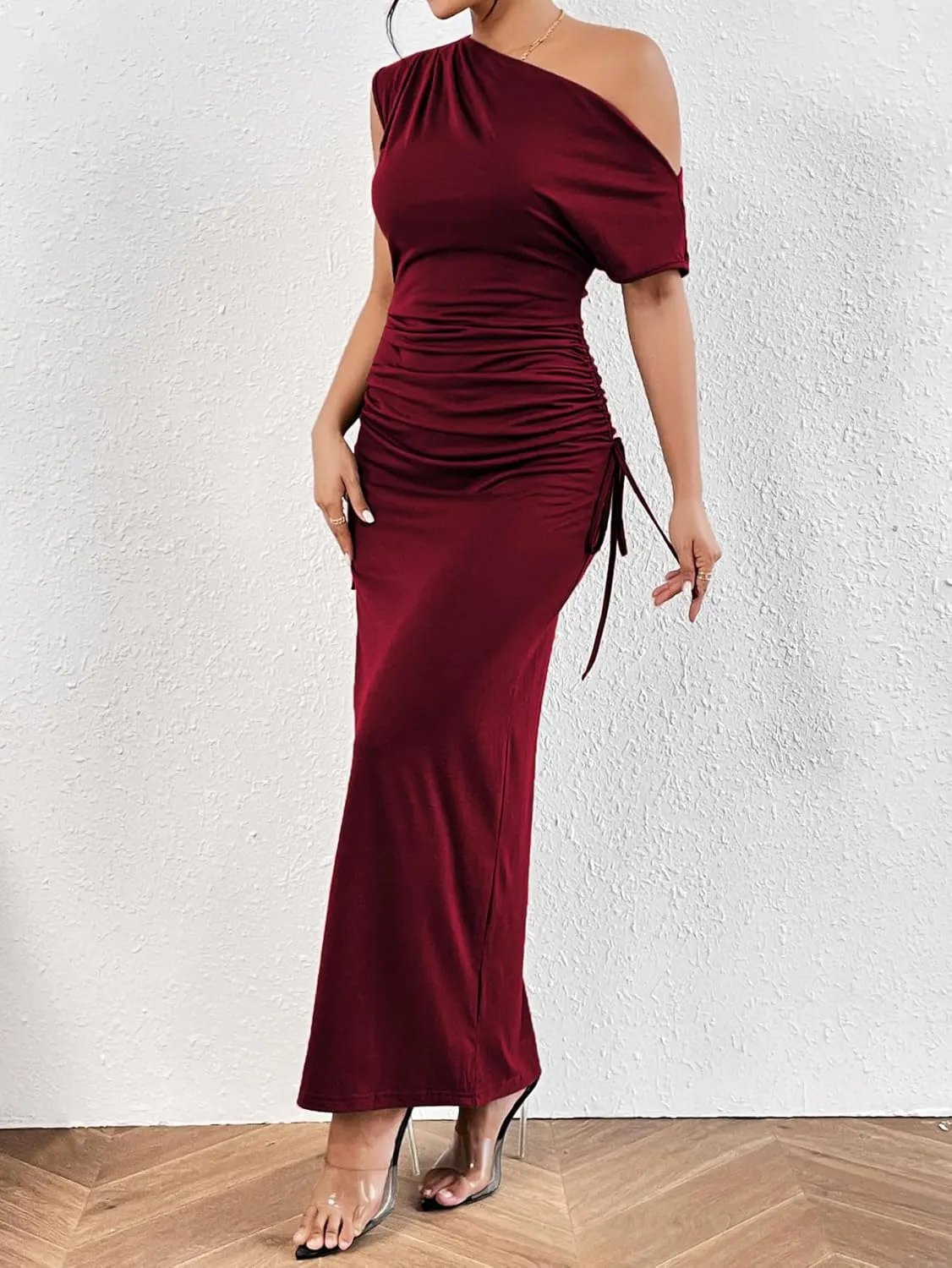 Floerns Women's Asymmetrical Neck Short Sleeve Ruched Fishtail Hem Party Long Dress