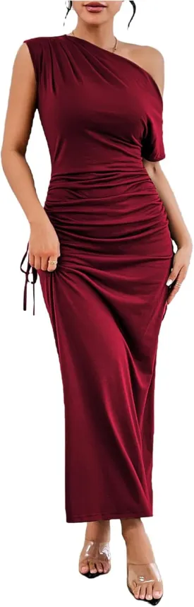Floerns Women's Asymmetrical Neck Short Sleeve Ruched Fishtail Hem Party Long Dress