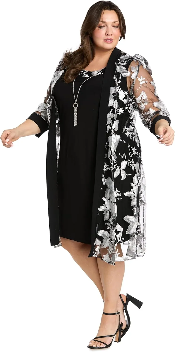 Floral Threadwork Duster Jacket Dress W/Tank Dress & Detachable Necklace