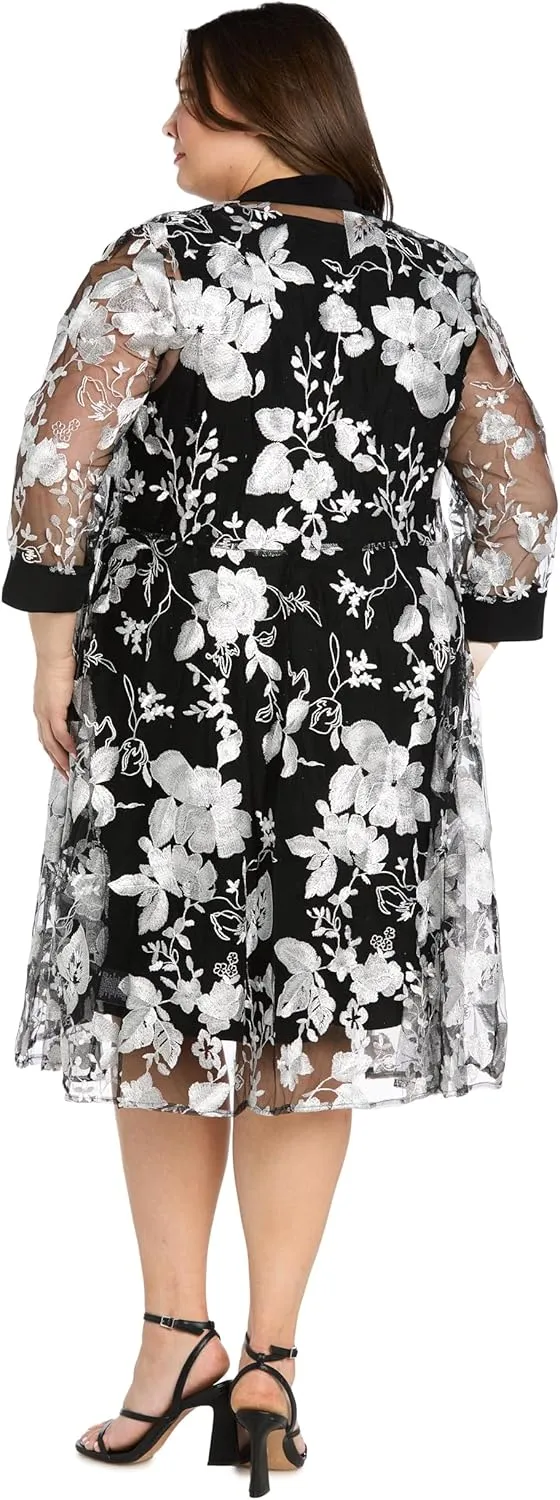 Floral Threadwork Duster Jacket Dress W/Tank Dress & Detachable Necklace