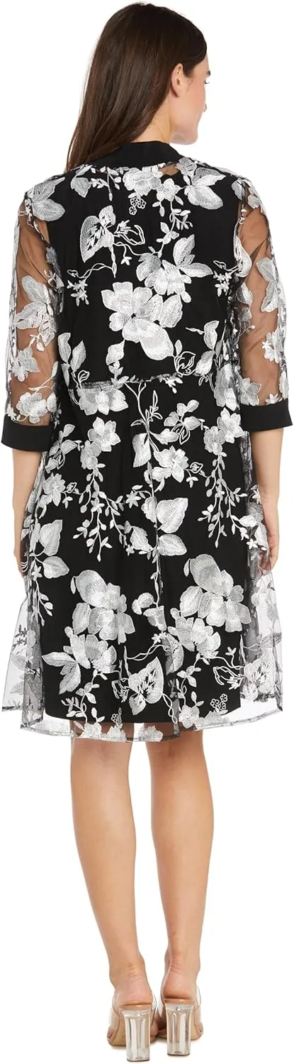 Floral Threadwork Duster Jacket Dress W/Tank Dress & Detachable Necklace