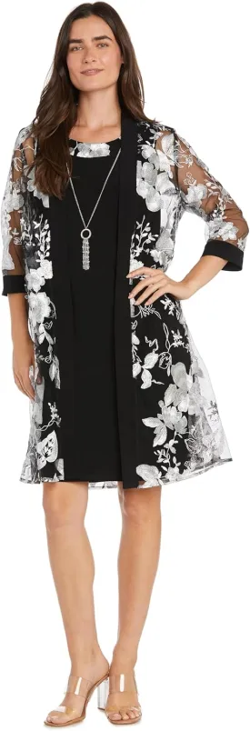 Floral Threadwork Duster Jacket Dress W/Tank Dress & Detachable Necklace