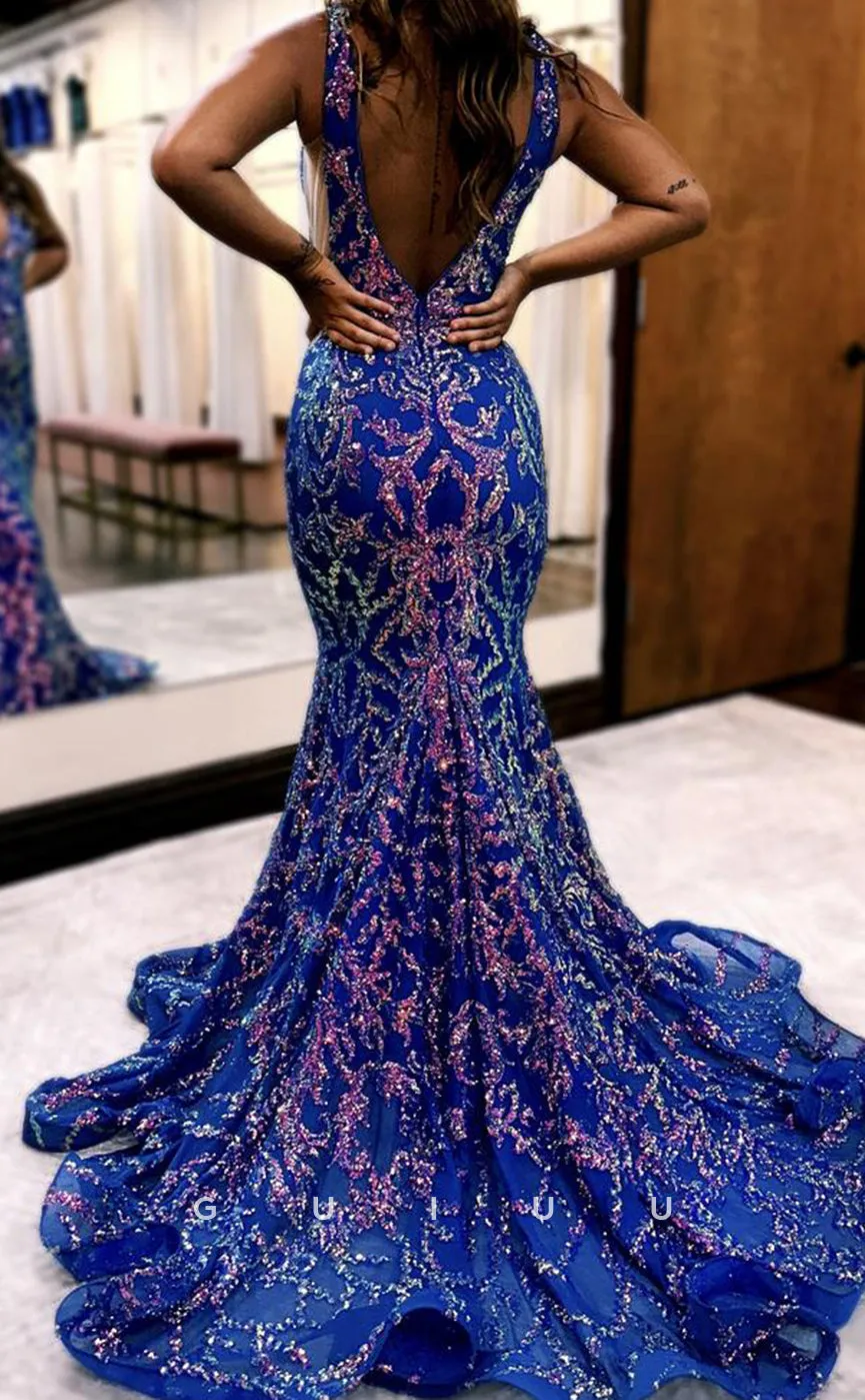 G4302 - Mermaid Low V Neck Straps Fully Sequined Sleeveless Open Back Court Train Long Prom Dress