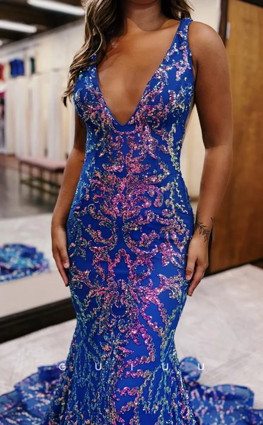 G4302 - Mermaid Low V Neck Straps Fully Sequined Sleeveless Open Back Court Train Long Prom Dress