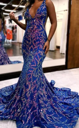 G4302 - Mermaid Low V Neck Straps Fully Sequined Sleeveless Open Back Court Train Long Prom Dress