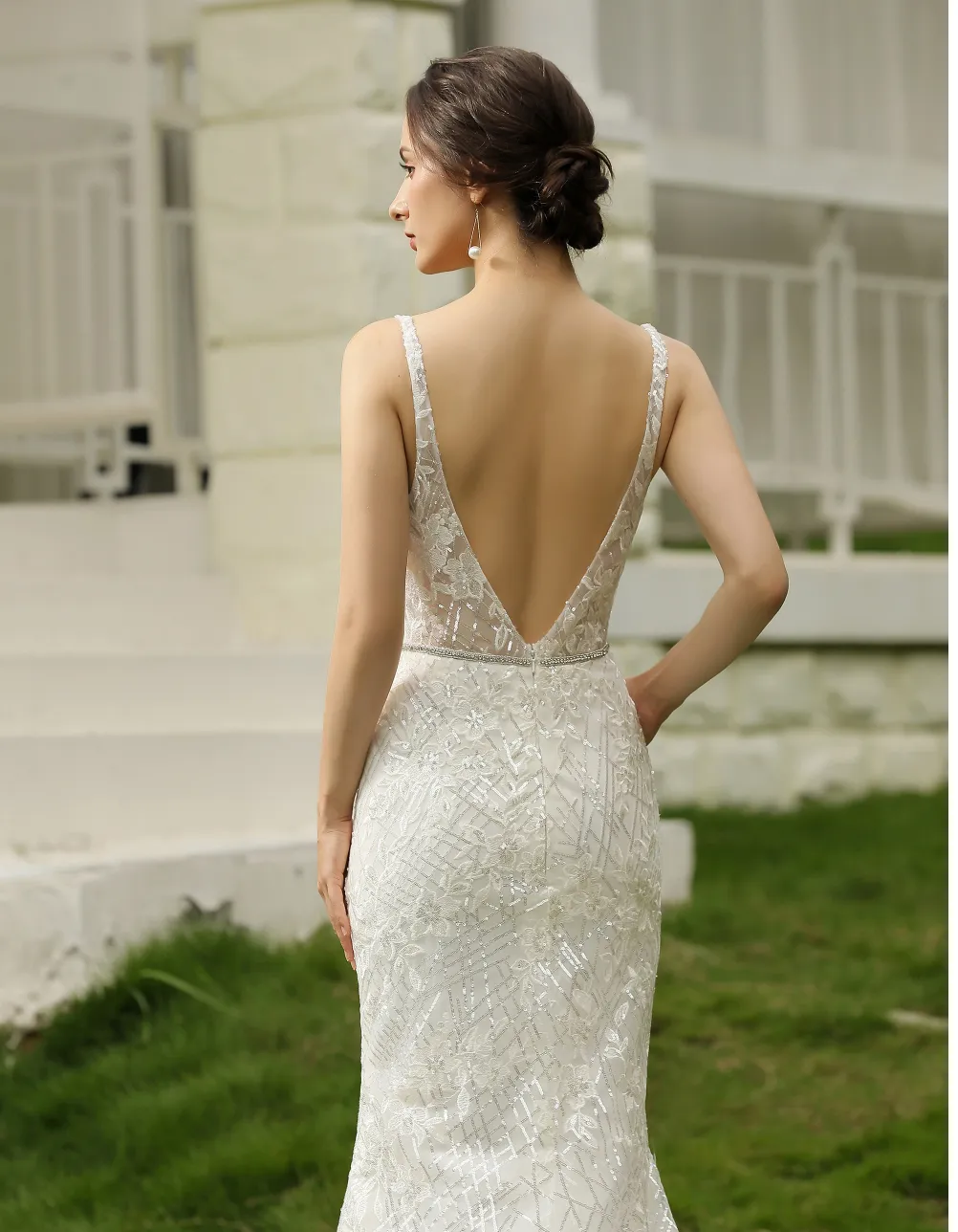 Glittery Fitted Wedding Dress With Deep V Neckline