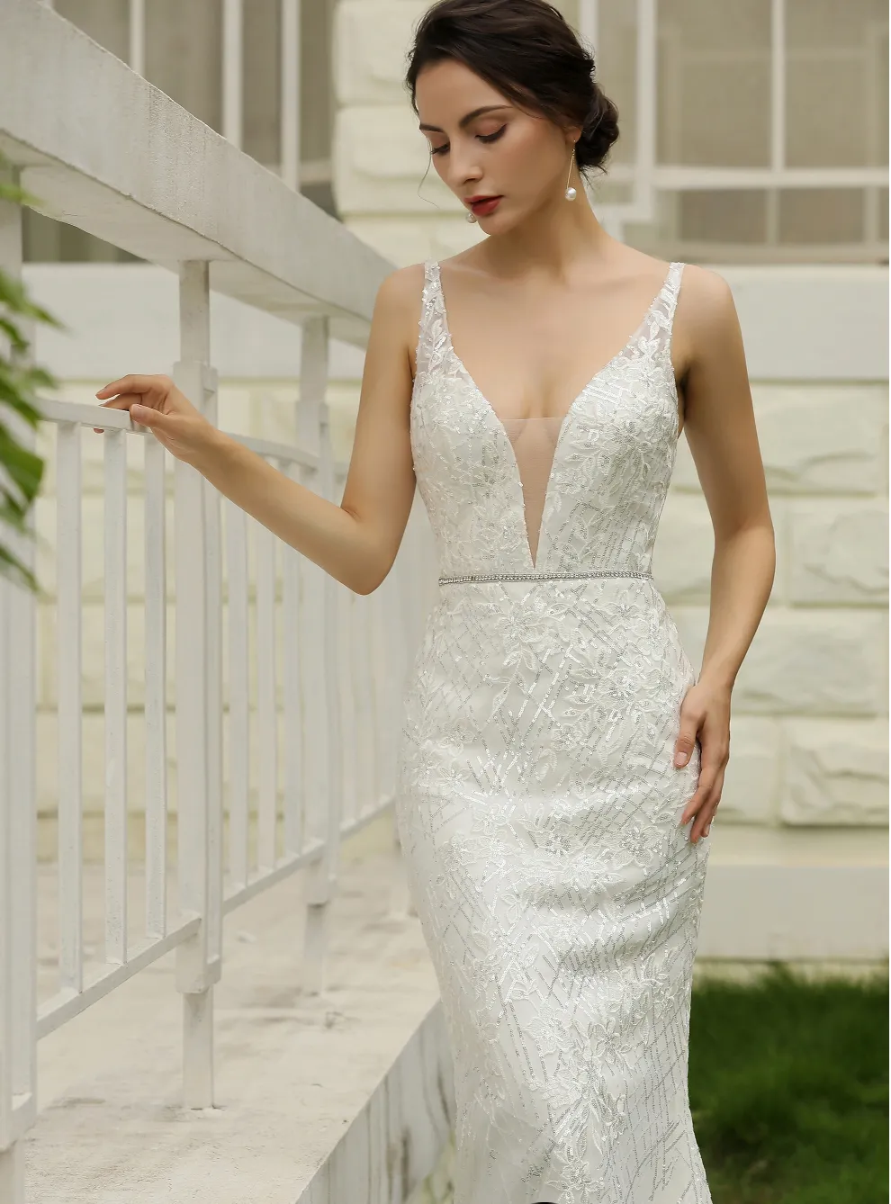 Glittery Fitted Wedding Dress With Deep V Neckline