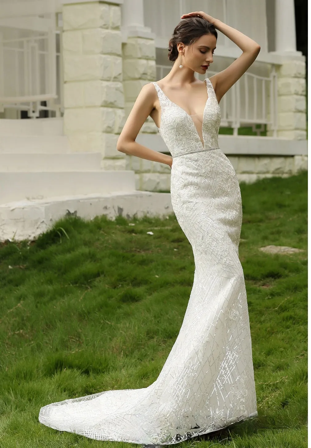 Glittery Fitted Wedding Dress With Deep V Neckline