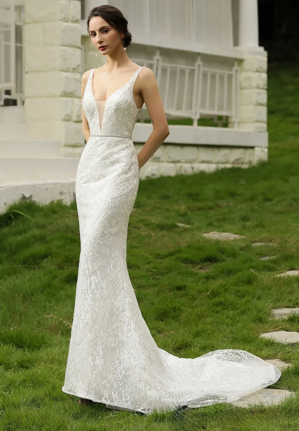 Glittery Fitted Wedding Dress With Deep V Neckline