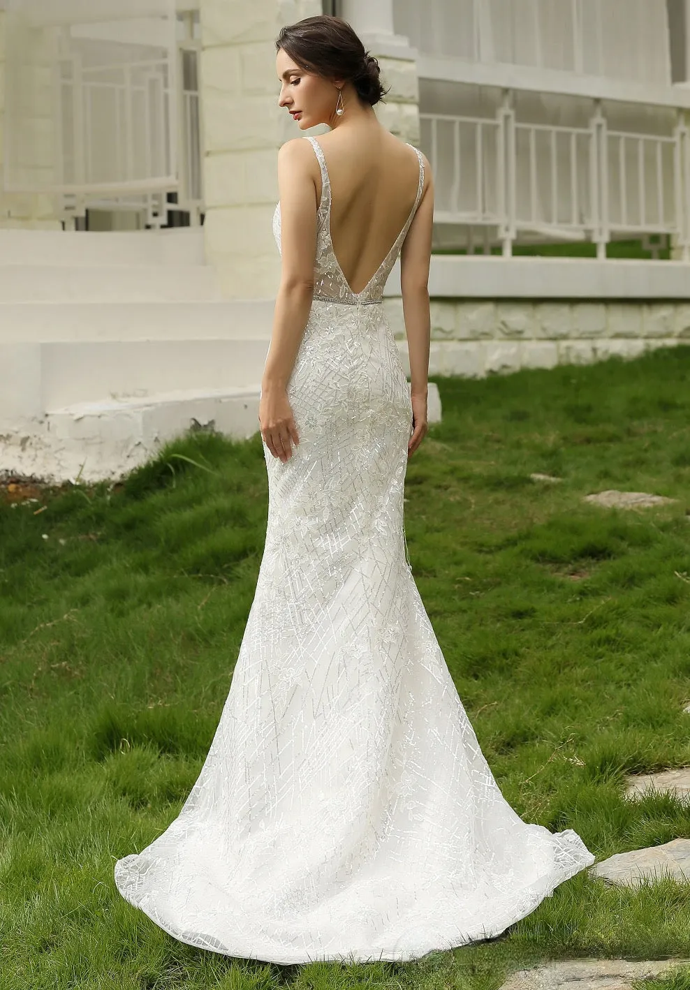 Glittery Fitted Wedding Dress With Deep V Neckline