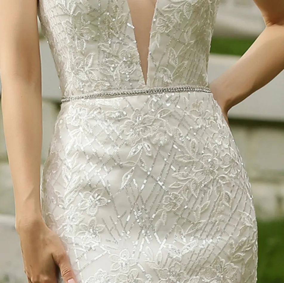 Glittery Fitted Wedding Dress With Deep V Neckline
