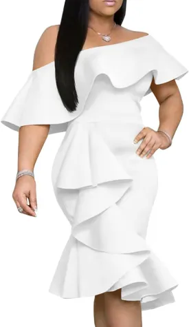 GOBLES Women's Elegant Off The Sholder Back Zipper Ruffles Bodycon Midi Cocktail Dress