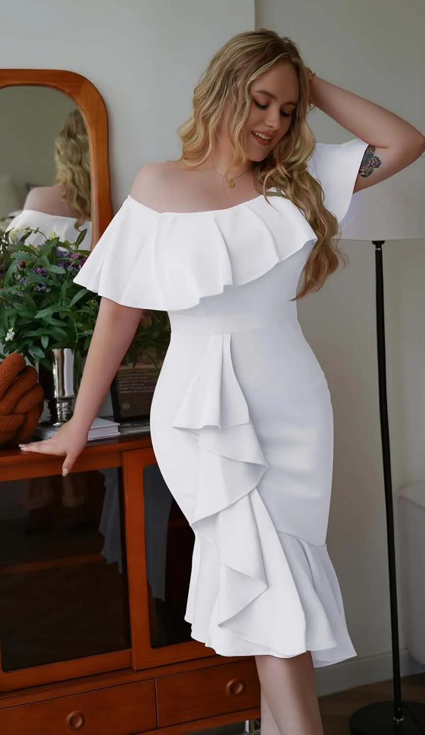 GOBLES Women's Elegant Off The Sholder Back Zipper Ruffles Bodycon Midi Cocktail Dress