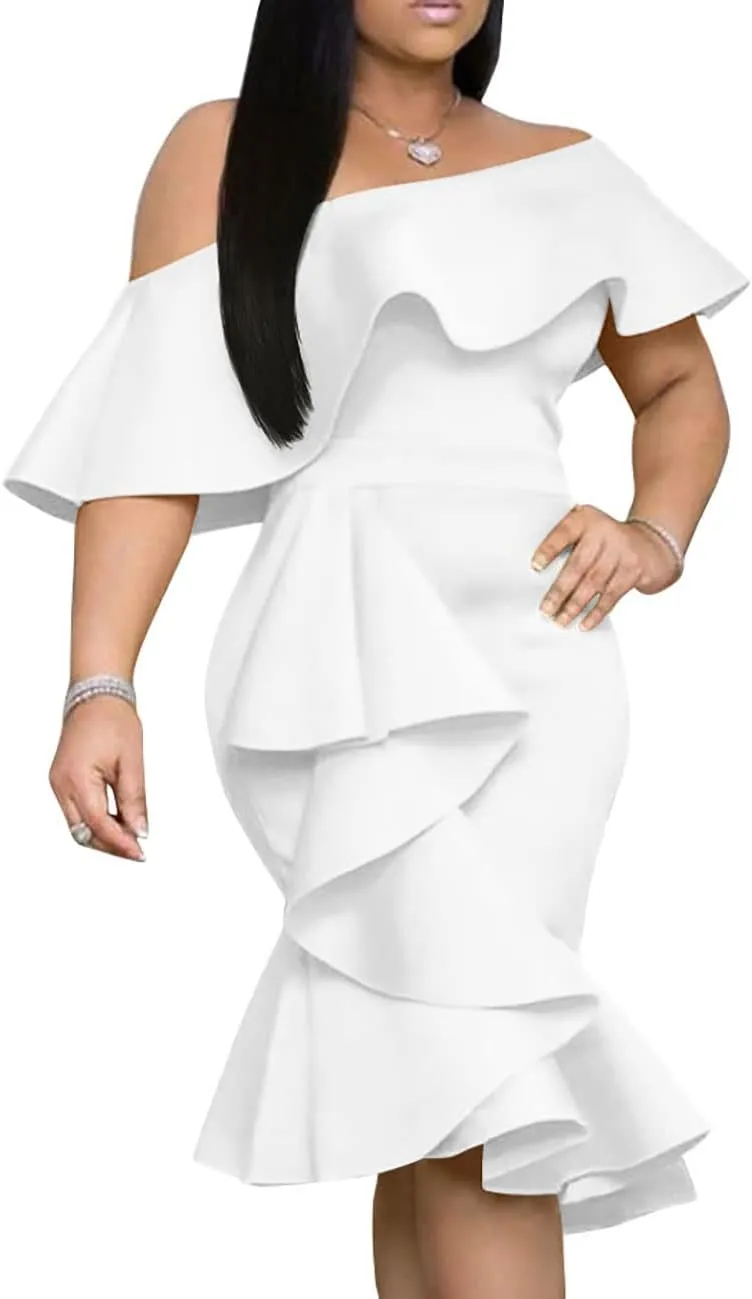 GOBLES Women's Elegant Off The Sholder Back Zipper Ruffles Bodycon Midi Cocktail Dress