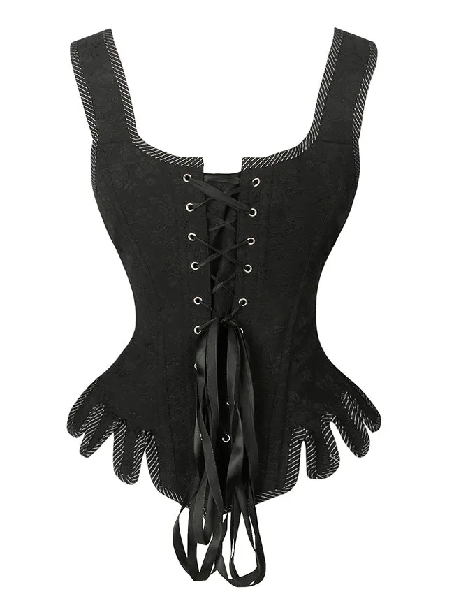 Gothic Brocade Shoulder Straps Wavy Hem Waist Cincher Overbust Corset Vest