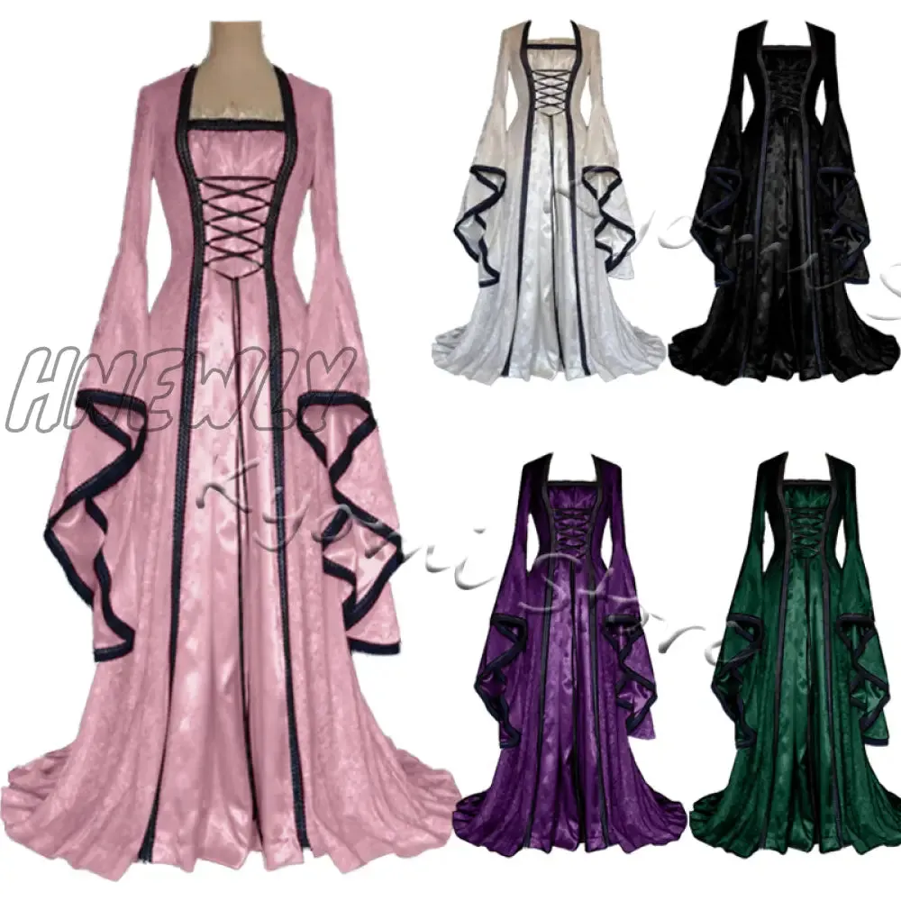 Hnewly Victoria Renaissance Medieval Cosplay Halloween Costumes for Women Long Sleeve Middle Ages Carnival Party Vintage Court Dress
