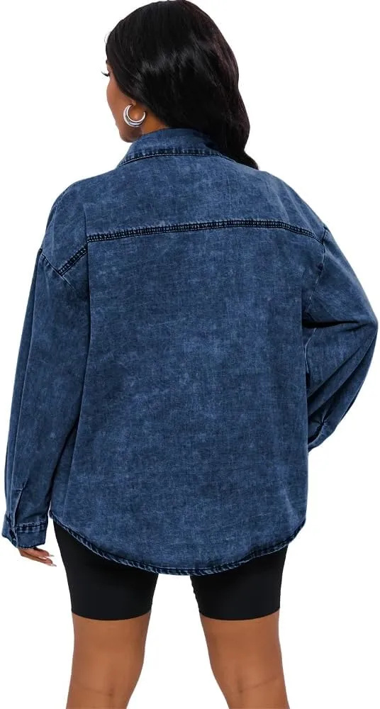 HTD Women's Jean Jacket Button Down Long Sleeve Denim Jackets With Pockets