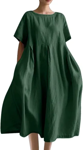 JOAU Plus Size Cotton Linen Maxi Dress for Women 2025 Casual Loose Crew Neck Short Sleeve Beach Vacation Pleated A Line Dress